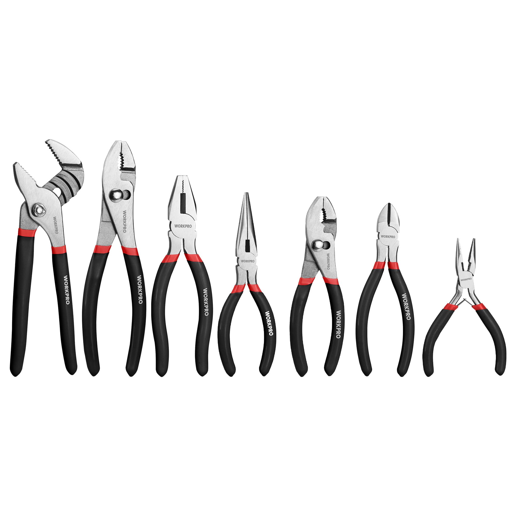 7-piece WORKPRO Pliers Set with Groove Joint, Long Nose, Slip Joint, Linesman, and Diagonal Pliers for DIY & Home Use