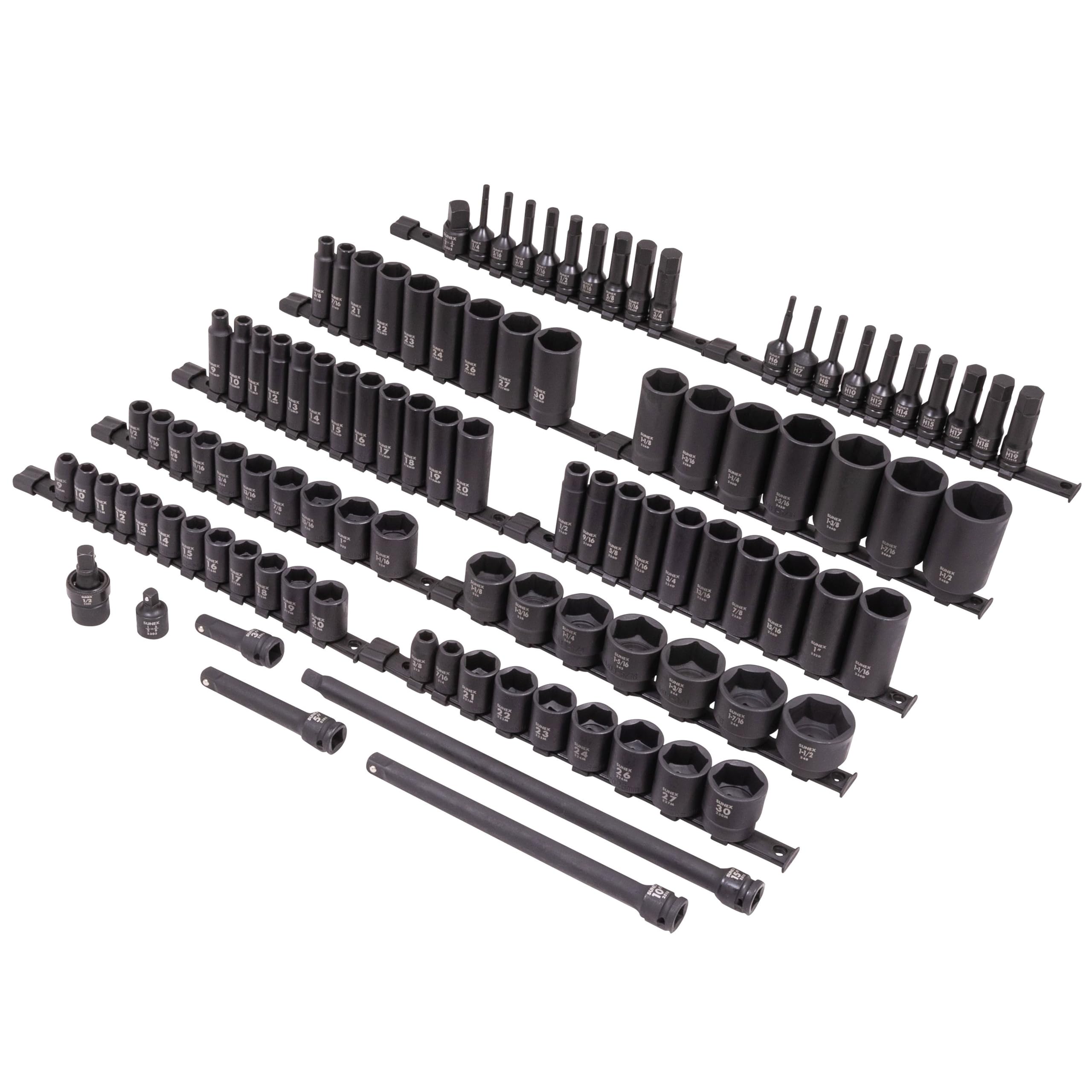 SUNEX 10181 3/8" & 1/2" Drive SAE & Metric 6 Point Standard & Deep with Star (E and Tamperproof), Triple Square, & Hex Bit, 181-Piece
