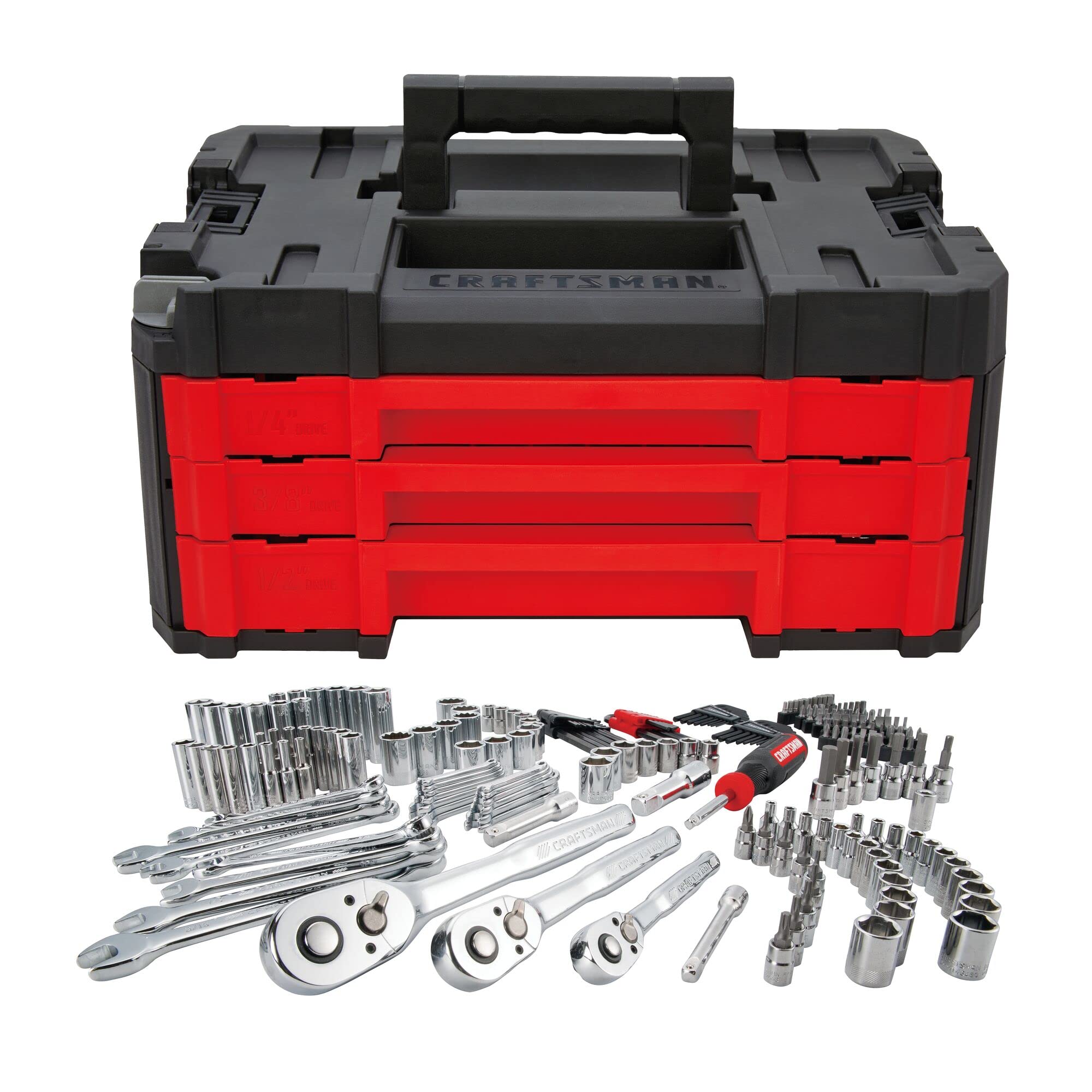 CRAFTSMAN 230 Pcs Mechanics Tool Set, Socket Wrench Set, Car Tool Kit with VERSASTACK Toolbox, SAE and Metric,1/4 in, 3/8 in, and 1/2 Drive, Short and Long Arm Hex Keys (CMMT45306)