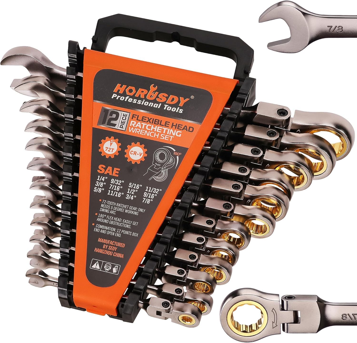 HORUSDY 24-Piece Ratcheting Wrench Set | Metric and SAE | Ratchet Combination Wrenches Set with Organizer | 72-Tooth | Chrome Vanadium Steel | 6-18 mm & 1/4” to 3/4“ (24-Piece)