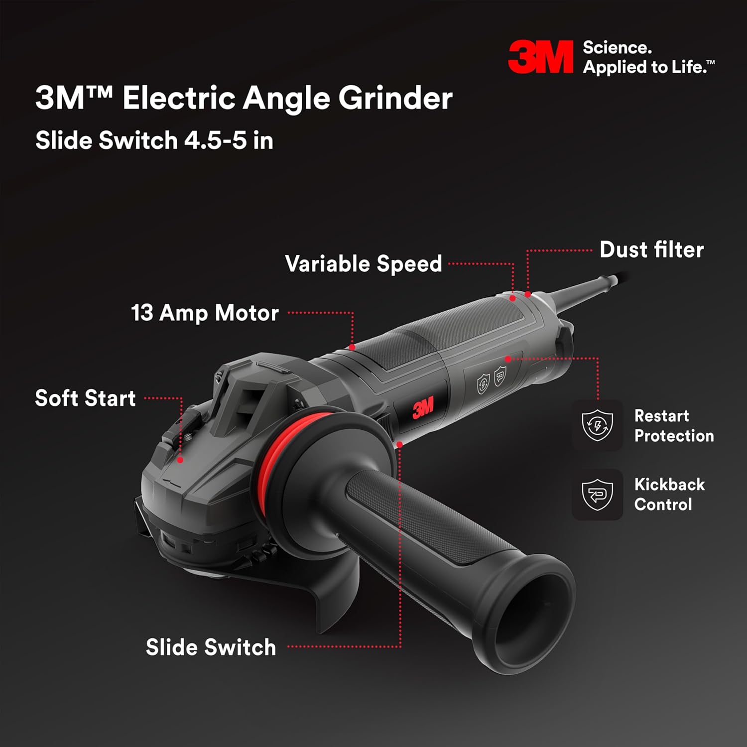 3M Electric Angle Grinder, 11129, VS, 4.5-5 in Paddle Switch, 13-Amp, 120V, for Cutting, Grinding, Polishing and Rust Removal,1 EA