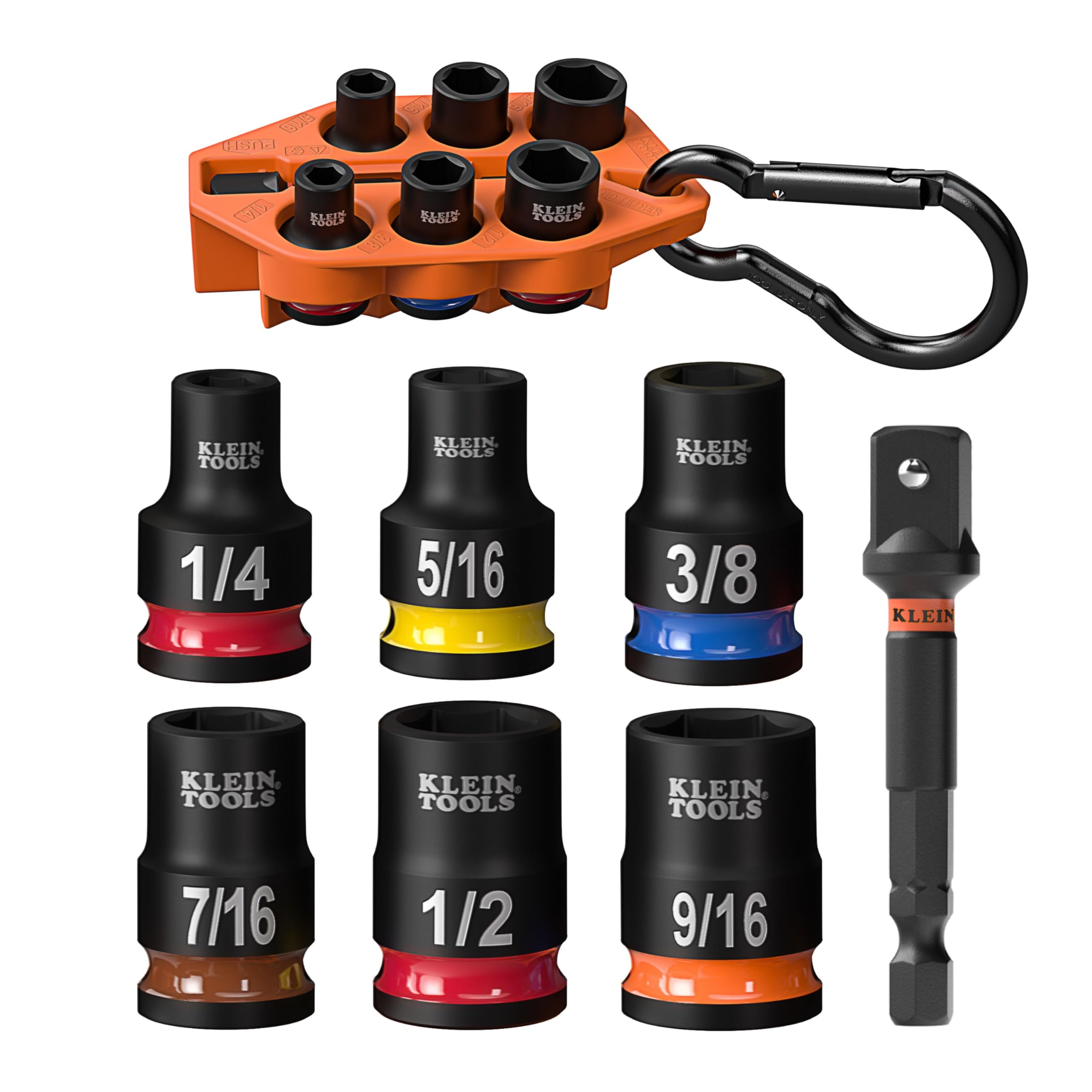 Klein Tools 33809 Grab-And-Go Impact Socket Set, SAE, 10-Piece Set with Sleeve, Carabiner, and 3/8-Inch Drive, Color-Coded 1/4, 5/16, 3/8, 7/16, 1/2, 9/16, 5/8, 11/16, and 3/4-Inch Sockets