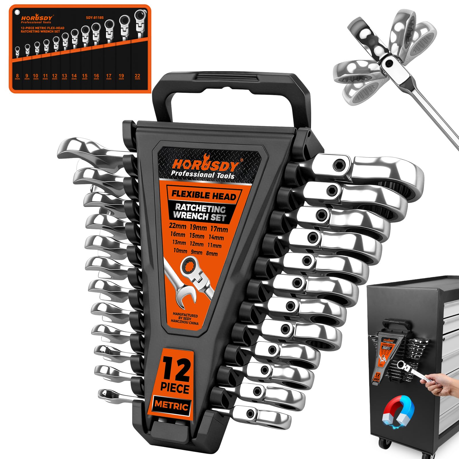 HORUSDY 24-Piece Ratcheting Wrench Set | Metric and SAE | Ratchet Combination Wrenches Set with Organizer | 72-Tooth | Chrome Vanadium Steel | 6-18 mm & 1/4” to 3/4“ (24-Piece)