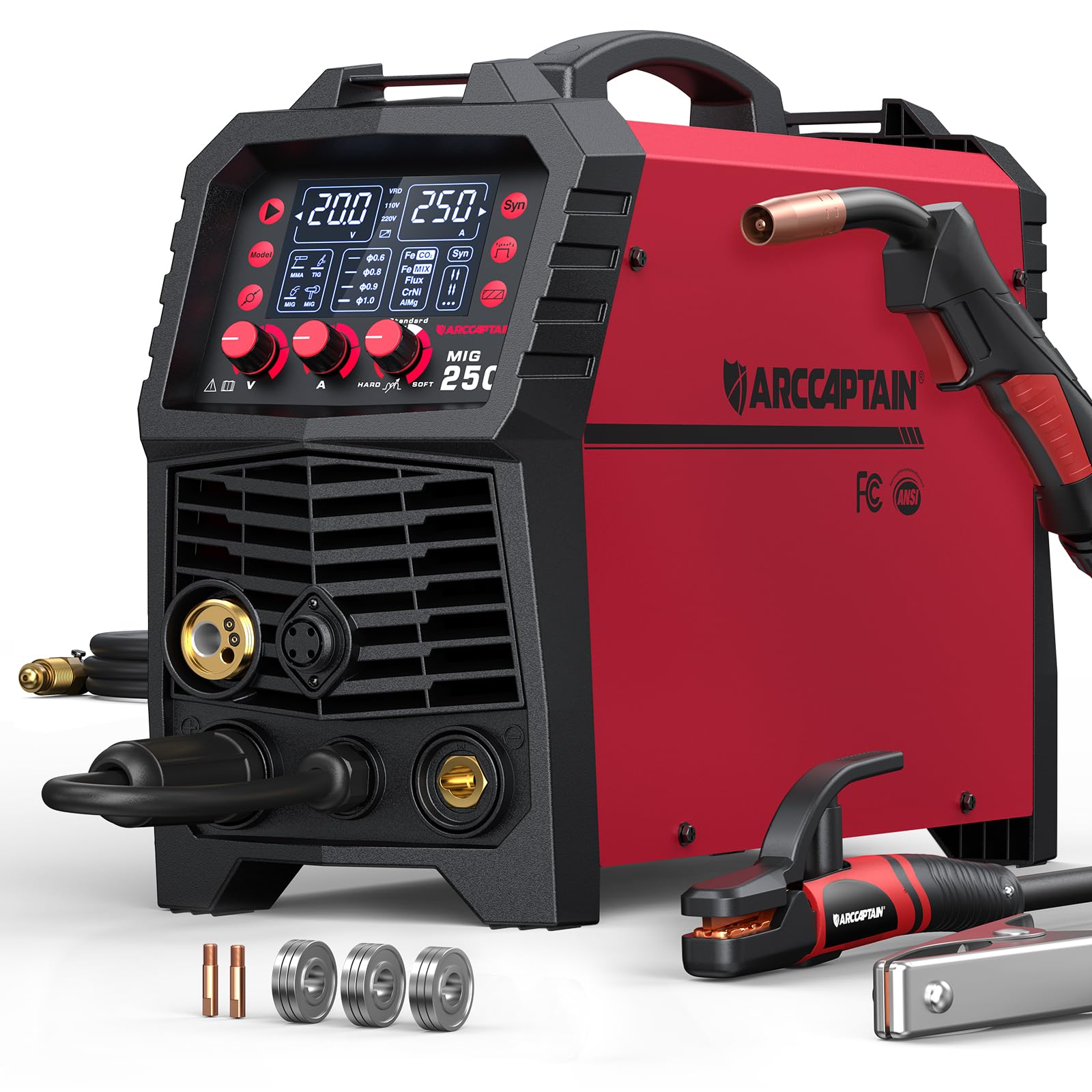 ARCCAPTAIN MIG Welder, 200Amp 6 in 1 Gas MIG/Gasless Flux Core MIG/Stick/Lift TIG/Spot welding/Spool Gun 110V/220V Aluminum Multi Process Welding Machine with LED Digital Display, Burn Back Adjustment