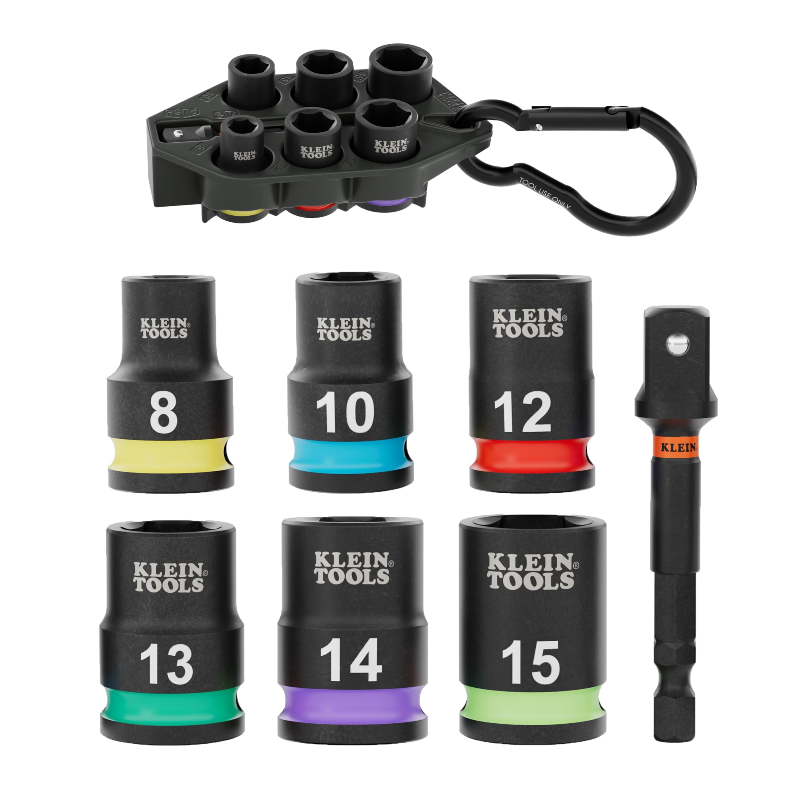 Klein Tools 33809 Grab-And-Go Impact Socket Set, SAE, 10-Piece Set with Sleeve, Carabiner, and 3/8-Inch Drive, Color-Coded 1/4, 5/16, 3/8, 7/16, 1/2, 9/16, 5/8, 11/16, and 3/4-Inch Sockets