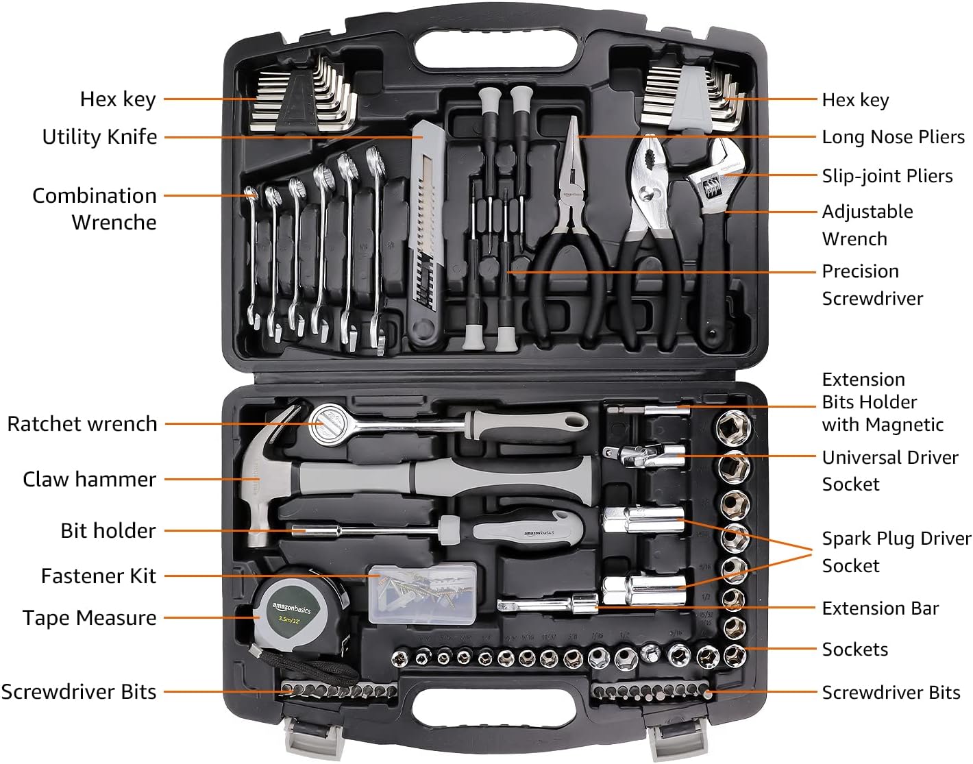 Amazon Basics 131-Piece General Household Hand Tool Set with Storage Case for Home Repair, Portable