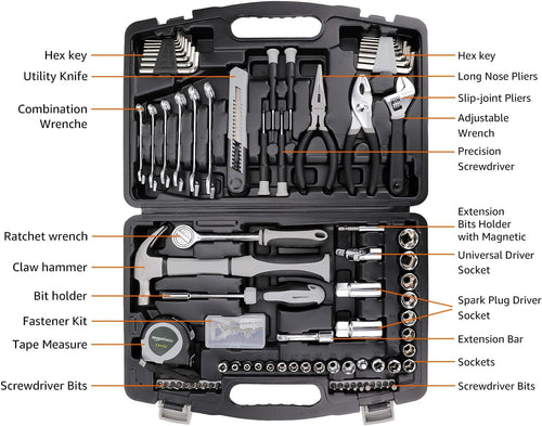 Amazon Basics 131-Piece General Household Hand Tool Set with Storage Case for Home Repair, Portable