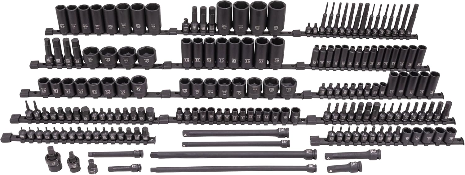 SUNEX 10181 3/8" & 1/2" Drive SAE & Metric 6 Point Standard & Deep with Star (E and Tamperproof), Triple Square, & Hex Bit, 181-Piece