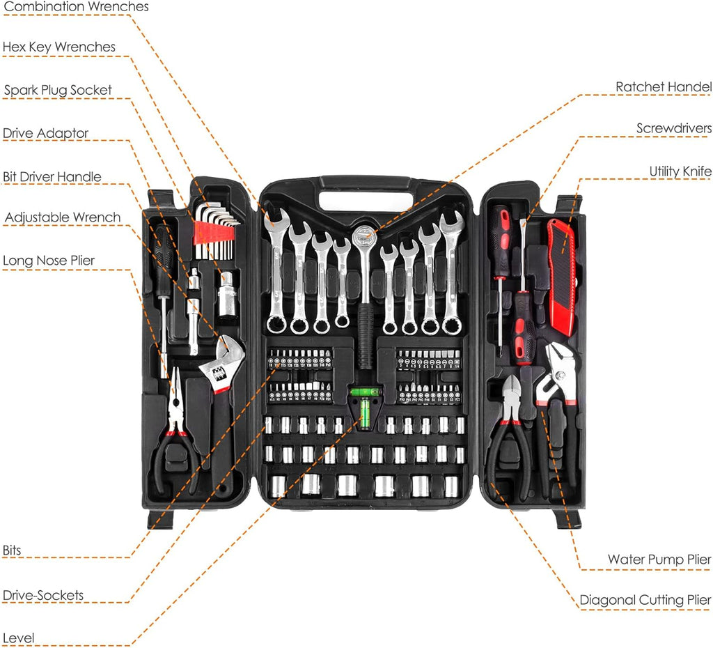 TLGREEN 95 Piece Tool Set, Tool Kit, Mechanics Tool Set, Portable Toolbox with Adjustable Wrench Pliers Socket Bits, with Plastic Toolbox, for House Apartment Garage (Red)