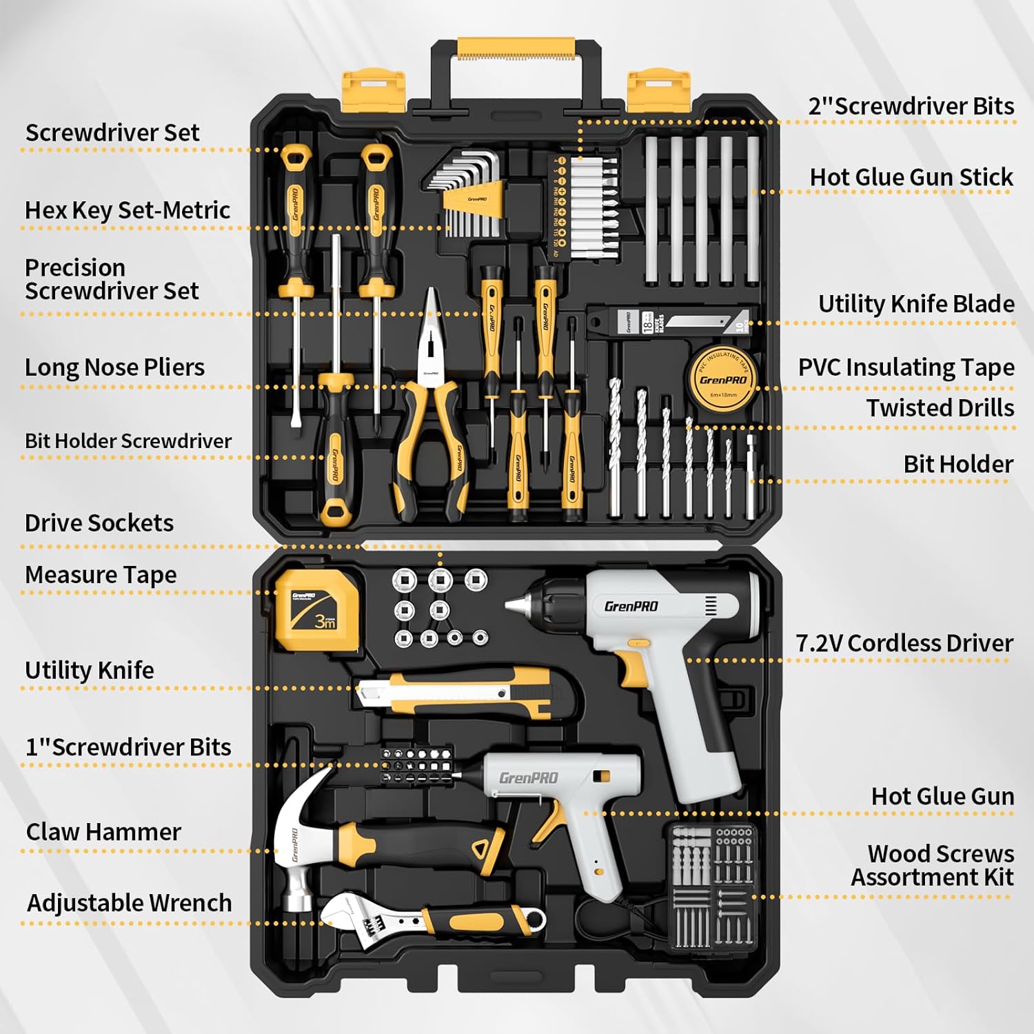 GRENPRO Tool Set Drill Set, 188PCS Tool Kit For Home with Cordless Drill Power, Hand Tool Kit for Women, Basic Household Auto Car Repair Tool Box for Men, Portable Plastic Storage Box Tools Sets