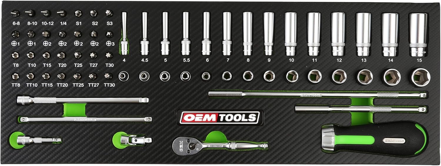 OEMTOOLS 23997 Socket Set 64PC, 1/4" Drive Mechanic Tool Set, Socket Wrench Set Hard Chrome Finish, No-Slip Sockets, Ratchet Set and Extensions for Tight Spaces