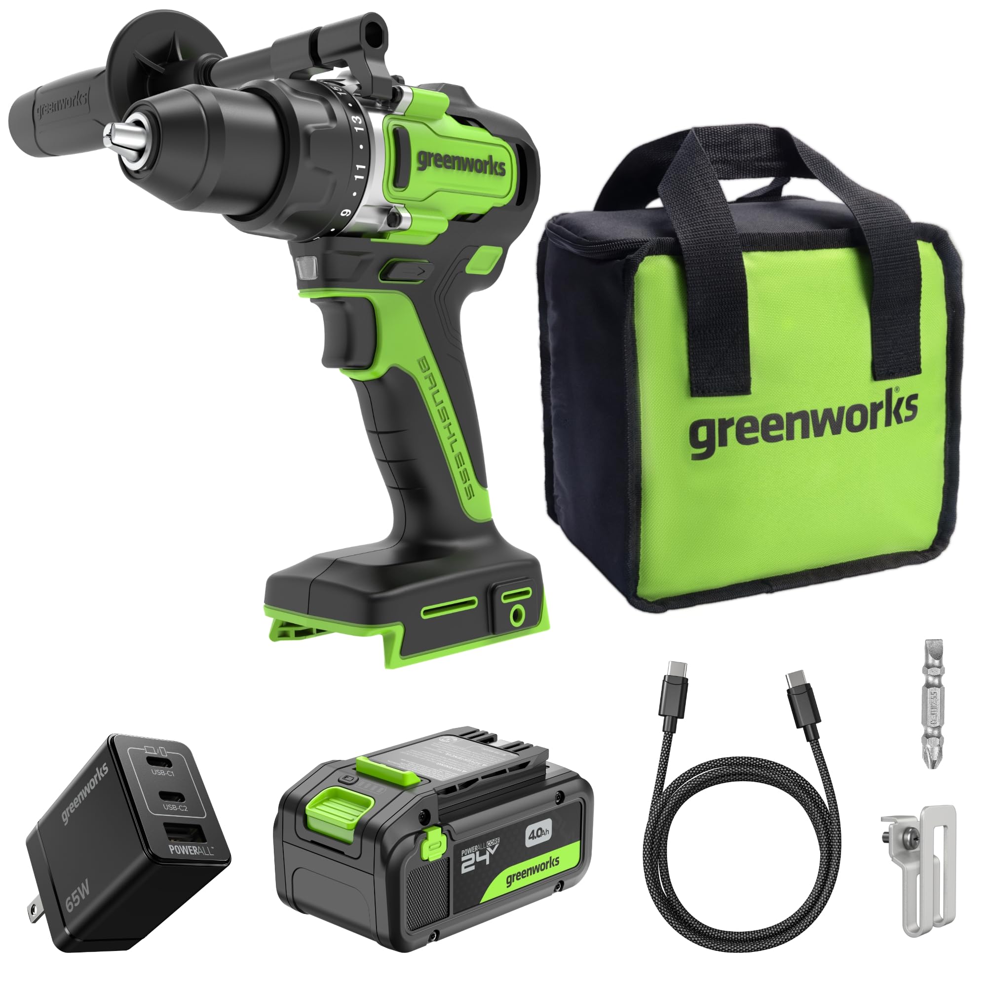 Greenworks 24V Brushless 10PC TOOL, Drill+Impact Driver+Circular Saw+Recip Saw+Jig Saw+Sander+Light+Multi-Tool+Nailer+Grinder (2) 4.0Ah+2.0Ah Batteries (24,000mAh PB) USB-C Charger, High Efficiency