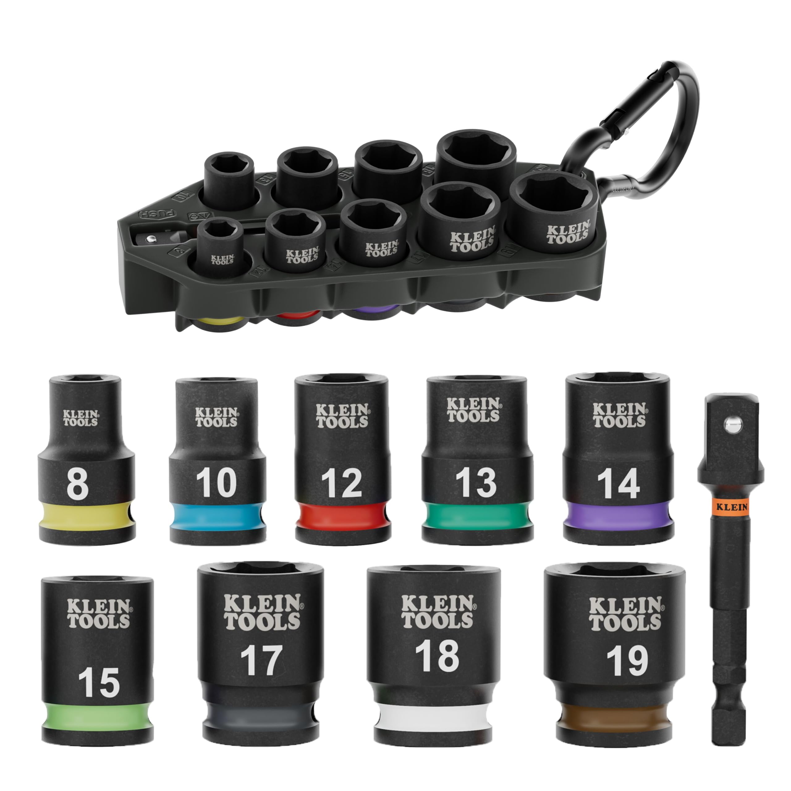 Klein Tools 33809 Grab-And-Go Impact Socket Set, SAE, 10-Piece Set with Sleeve, Carabiner, and 3/8-Inch Drive, Color-Coded 1/4, 5/16, 3/8, 7/16, 1/2, 9/16, 5/8, 11/16, and 3/4-Inch Sockets