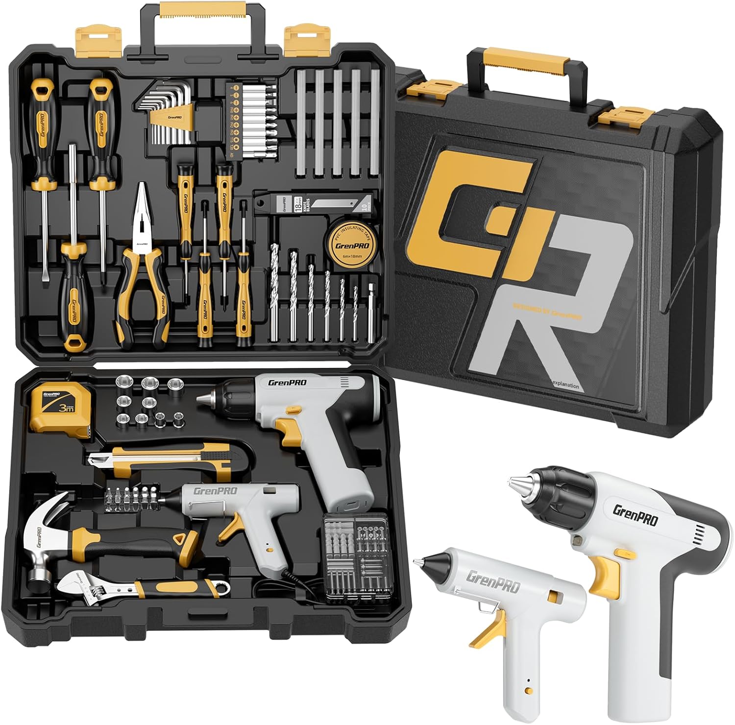 GRENPRO Tool Set Drill Set, 188PCS Tool Kit For Home with Cordless Drill Power, Hand Tool Kit for Women, Basic Household Auto Car Repair Tool Box for Men, Portable Plastic Storage Box Tools Sets
