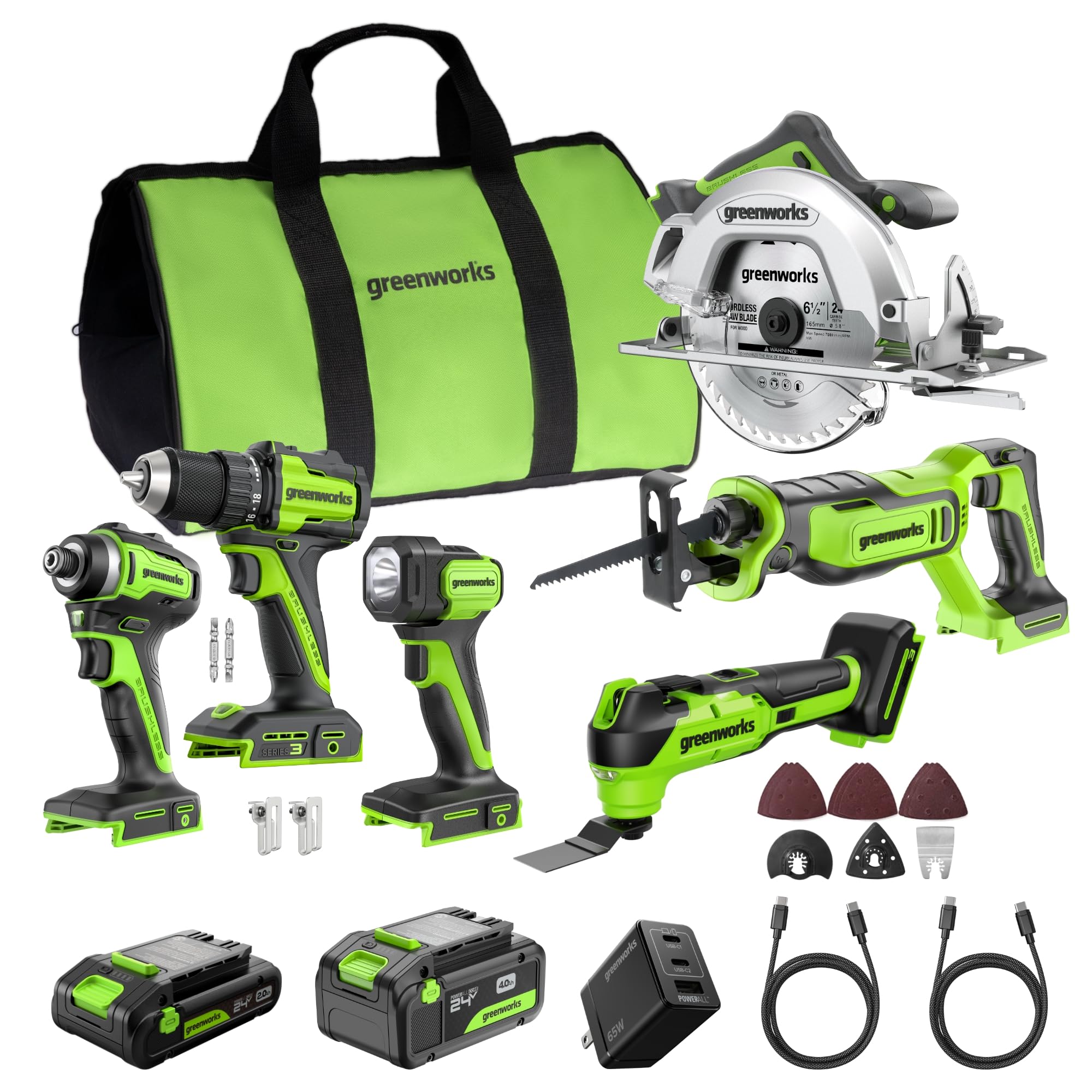 Greenworks 24V Brushless 10PC TOOL, Drill+Impact Driver+Circular Saw+Recip Saw+Jig Saw+Sander+Light+Multi-Tool+Nailer+Grinder (2) 4.0Ah+2.0Ah Batteries (24,000mAh PB) USB-C Charger, High Efficiency