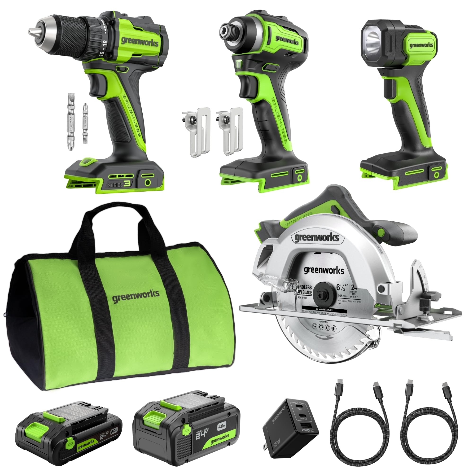 Greenworks 24V Brushless 10PC TOOL, Drill+Impact Driver+Circular Saw+Recip Saw+Jig Saw+Sander+Light+Multi-Tool+Nailer+Grinder (2) 4.0Ah+2.0Ah Batteries (24,000mAh PB) USB-C Charger, High Efficiency
