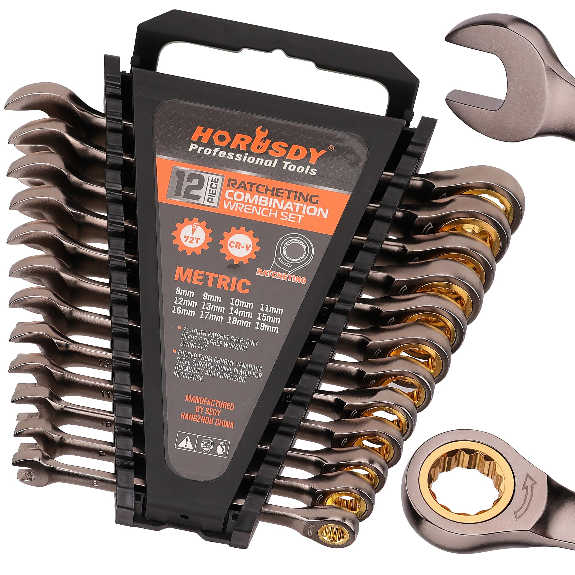 HORUSDY 24-Piece Ratcheting Wrench Set | Metric and SAE | Ratchet Combination Wrenches Set with Organizer | 72-Tooth | Chrome Vanadium Steel | 6-18 mm & 1/4” to 3/4“ (24-Piece)