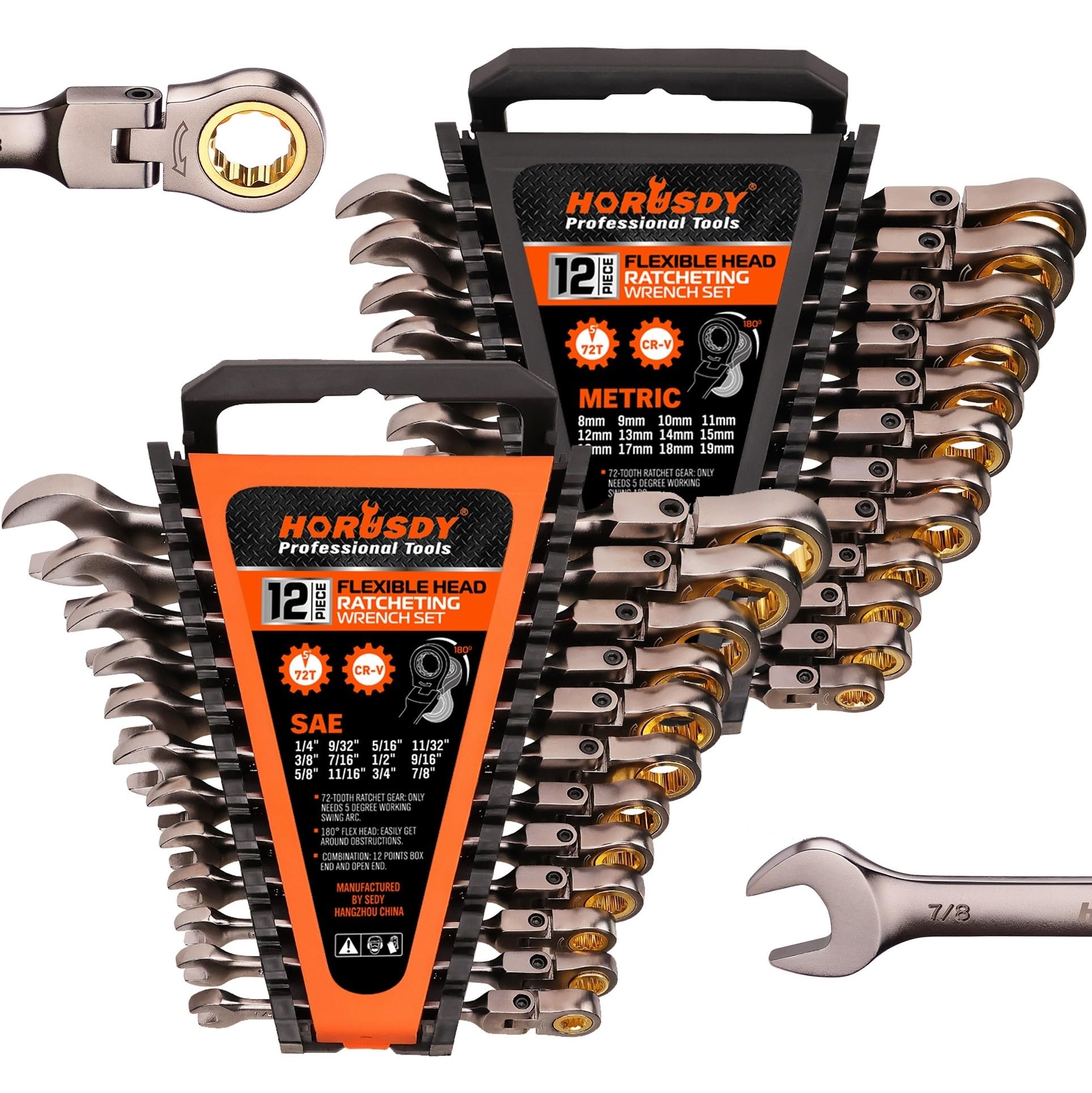 HORUSDY 24-Piece Ratcheting Wrench Set | Metric and SAE | Ratchet Combination Wrenches Set with Organizer | 72-Tooth | Chrome Vanadium Steel | 6-18 mm & 1/4” to 3/4“ (24-Piece)