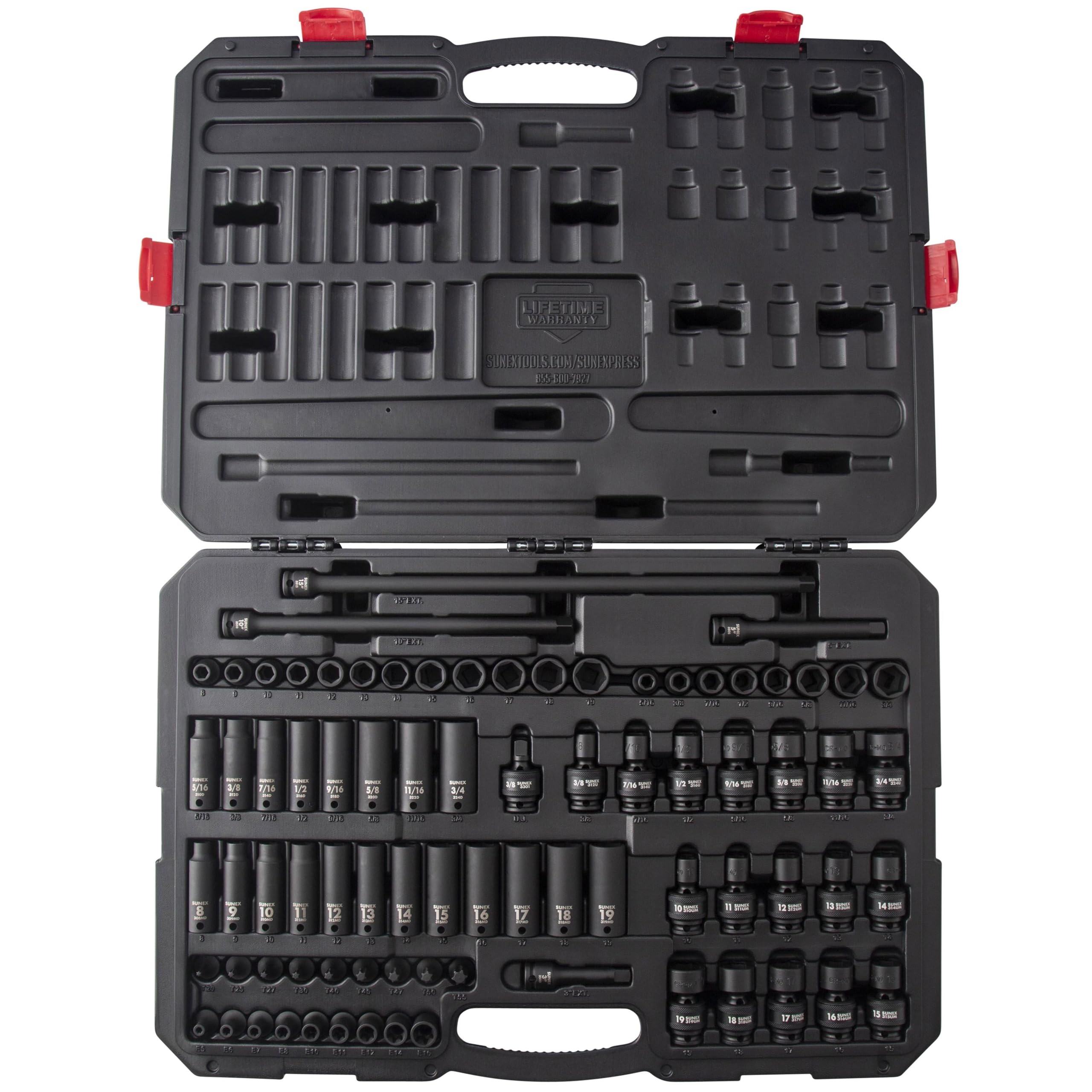 SUNEX 10181 3/8" & 1/2" Drive SAE & Metric 6 Point Standard & Deep with Star (E and Tamperproof), Triple Square, & Hex Bit, 181-Piece