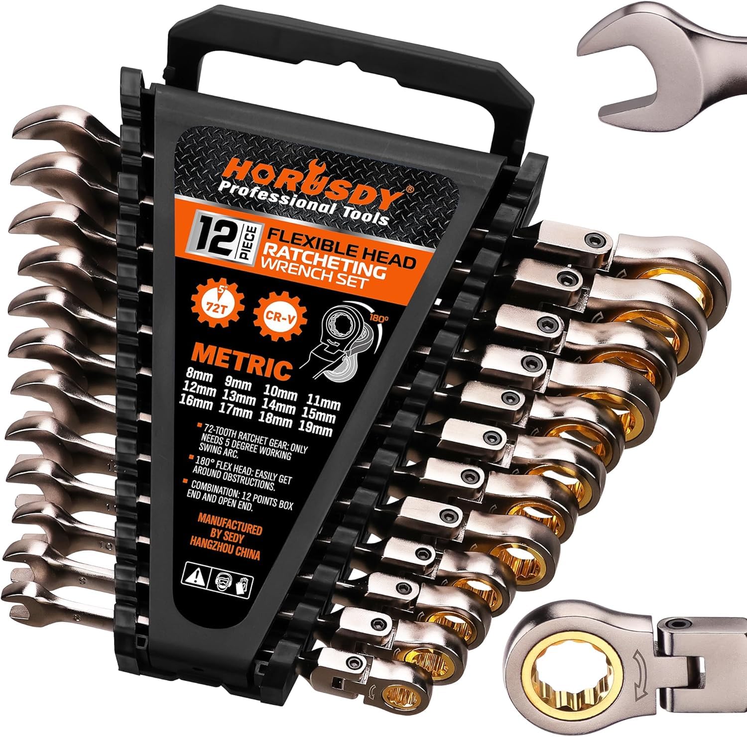 HORUSDY 24-Piece Ratcheting Wrench Set | Metric and SAE | Ratchet Combination Wrenches Set with Organizer | 72-Tooth | Chrome Vanadium Steel | 6-18 mm & 1/4” to 3/4“ (24-Piece)