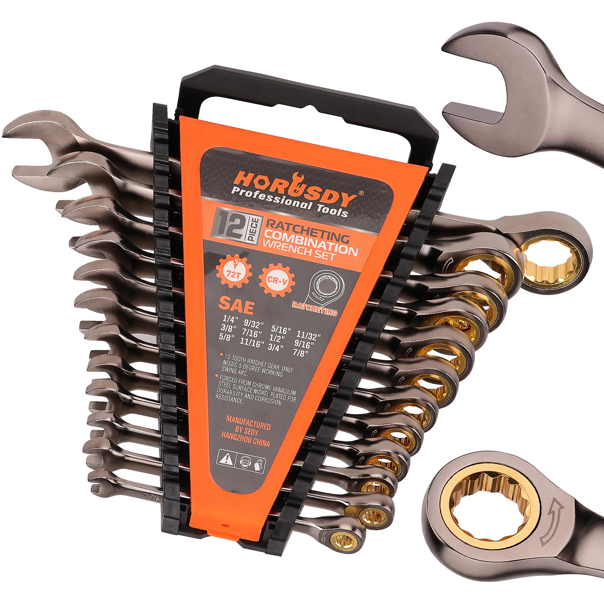 HORUSDY 24-Piece Ratcheting Wrench Set | Metric and SAE | Ratchet Combination Wrenches Set with Organizer | 72-Tooth | Chrome Vanadium Steel | 6-18 mm & 1/4” to 3/4“ (24-Piece)