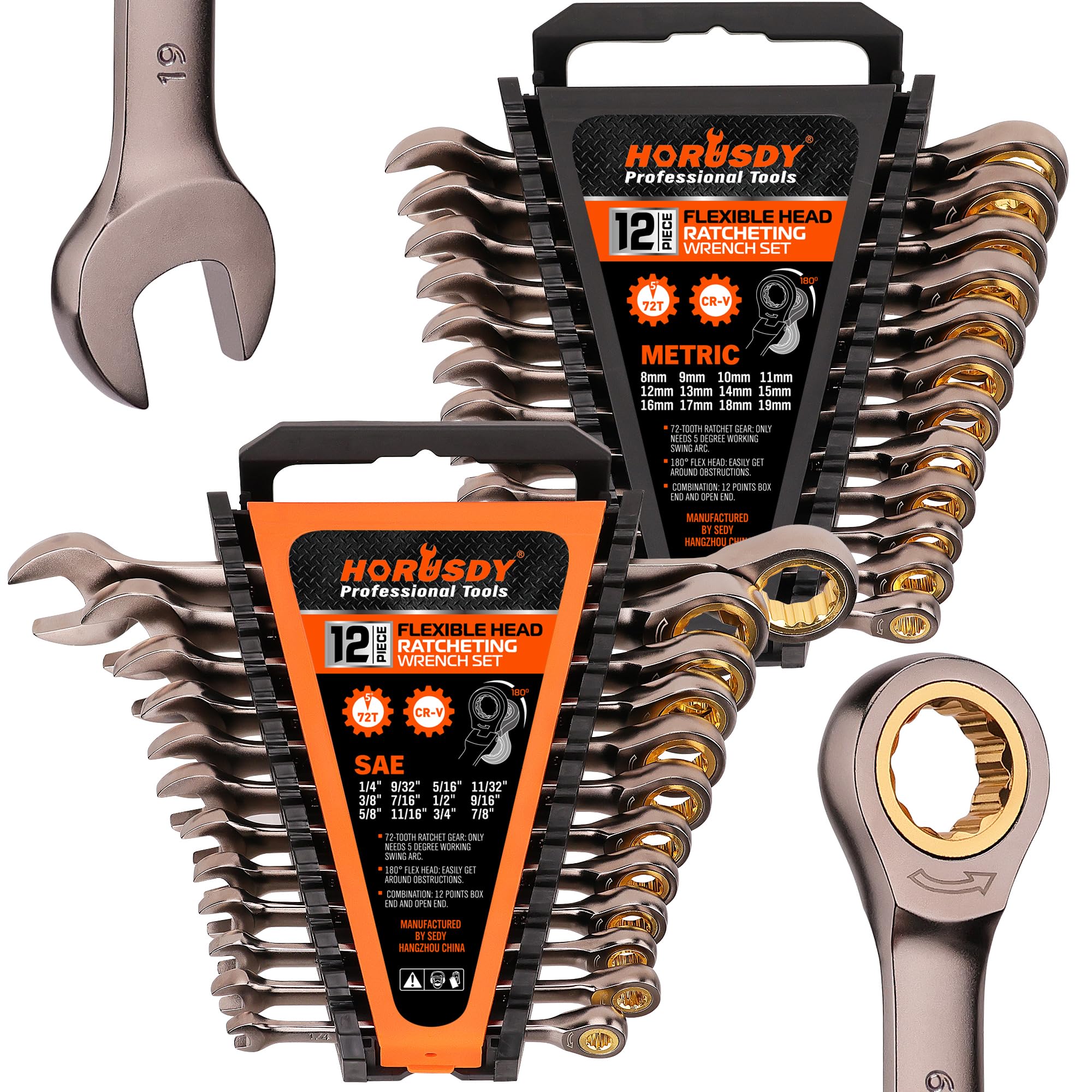 HORUSDY 24-Piece Ratcheting Wrench Set | Metric and SAE | Ratchet Combination Wrenches Set with Organizer | 72-Tooth | Chrome Vanadium Steel | 6-18 mm & 1/4” to 3/4“ (24-Piece)