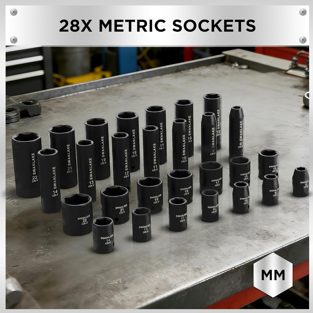 SWANLAKE 3/8'' Drive Impact Socket Set, 50-Piece Standard SAE (5/16 to 3/4 inch) and Metric (8-22mm) Size, 6 Point, Cr-V, 3/8-Inch Ratchet Handle, Extension Bar, Universal Joint