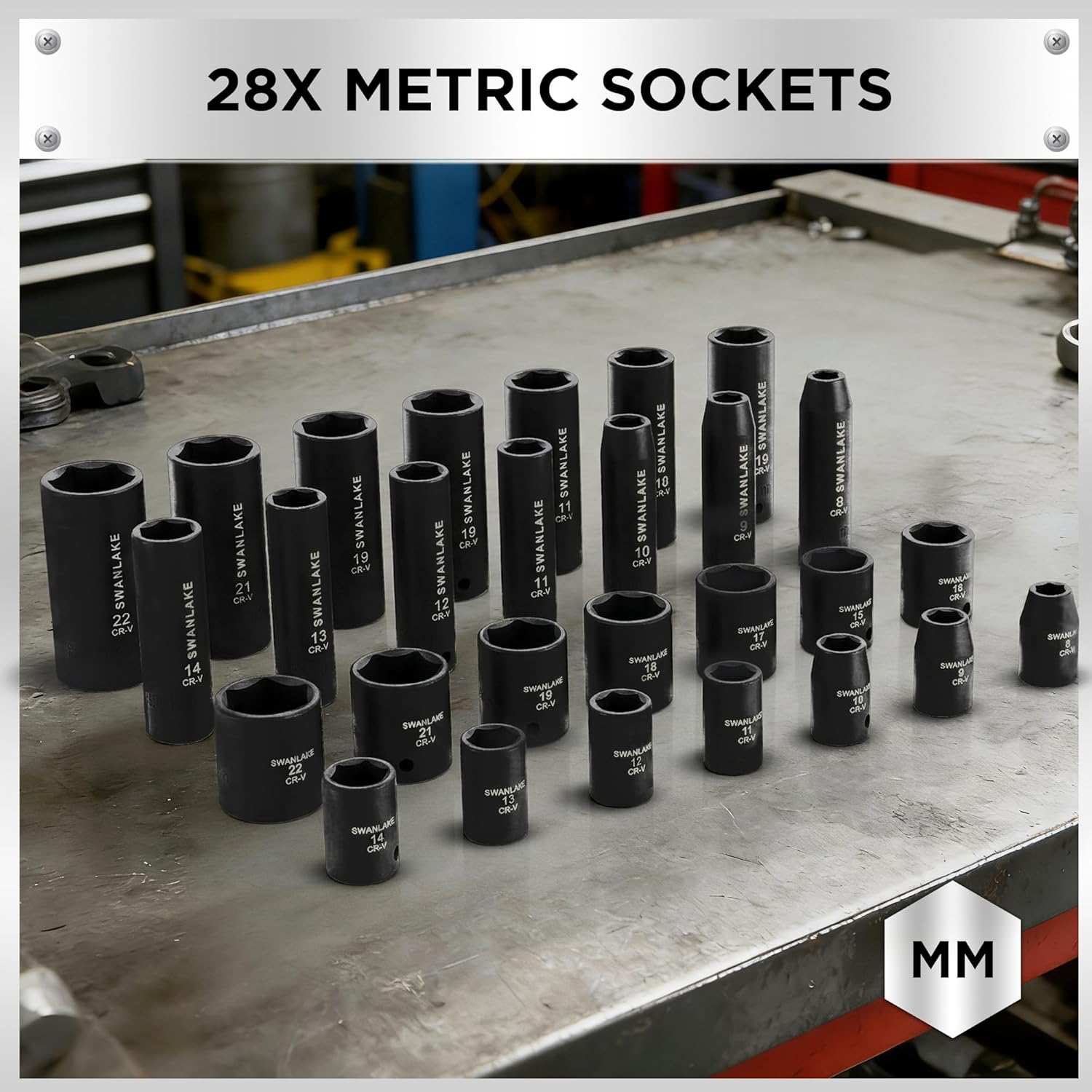 SWANLAKE 3/8'' Drive Impact Socket Set, 50-Piece Standard SAE (5/16 to 3/4 inch) and Metric (8-22mm) Size, 6 Point, Cr-V, 3/8-Inch Ratchet Handle, Extension Bar, Universal Joint