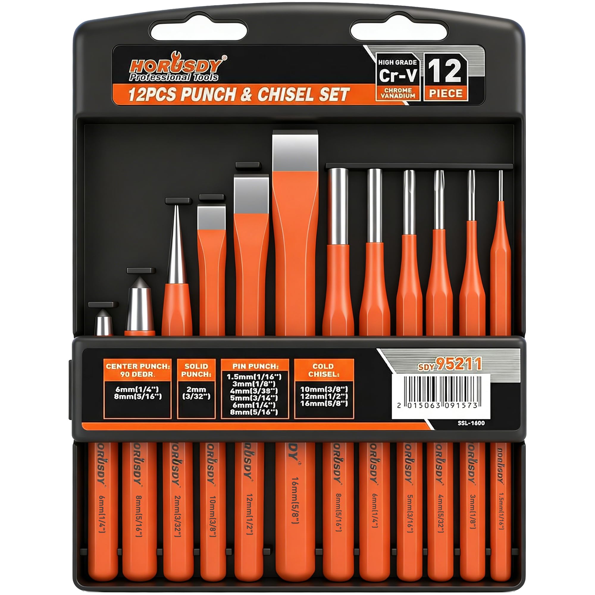 HORUSDY 16-Piece Punch and Chisel Set, Including Taper, Cold Chisels, Pin, Center