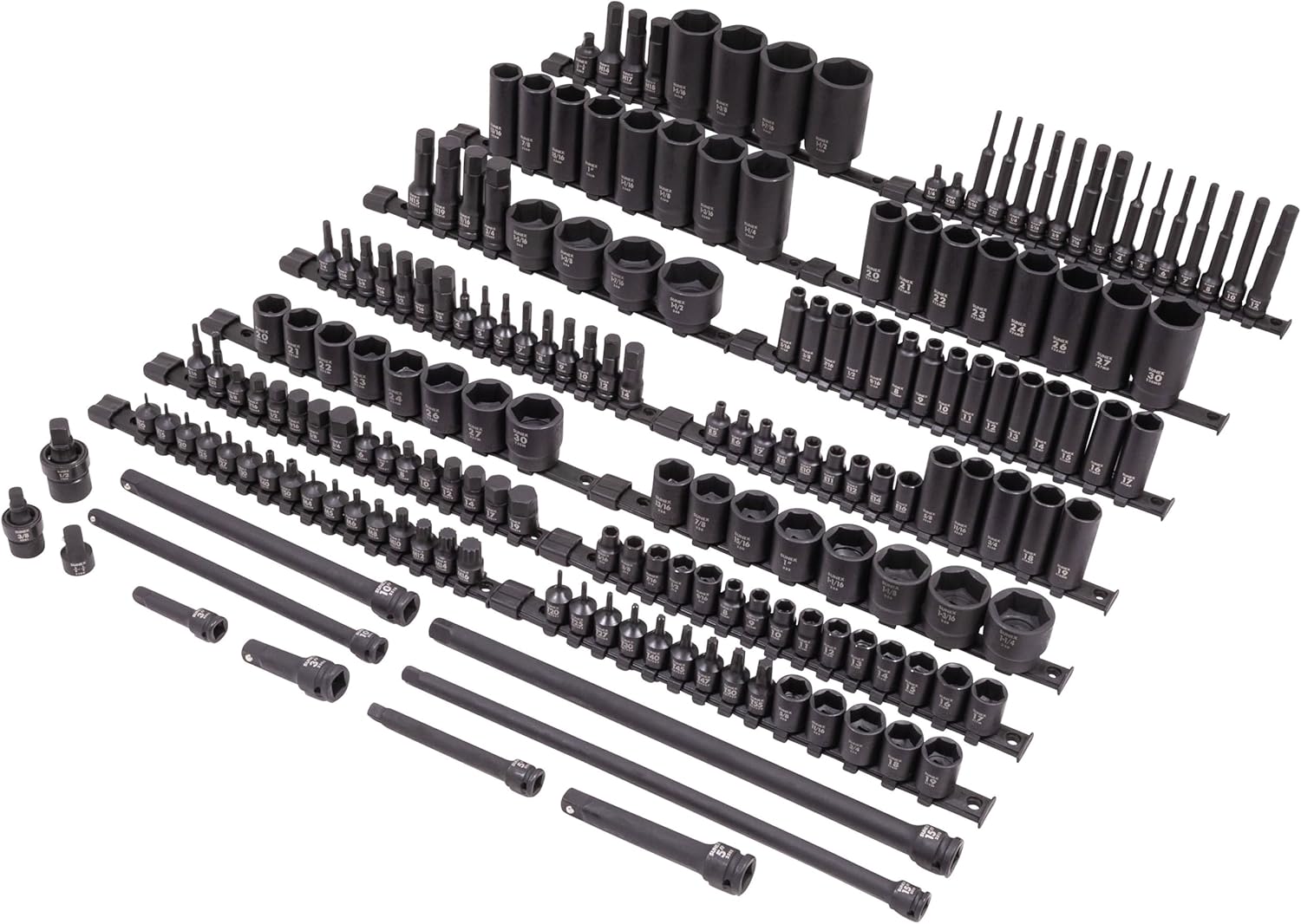 SUNEX 10181 3/8" & 1/2" Drive SAE & Metric 6 Point Standard & Deep with Star (E and Tamperproof), Triple Square, & Hex Bit, 181-Piece
