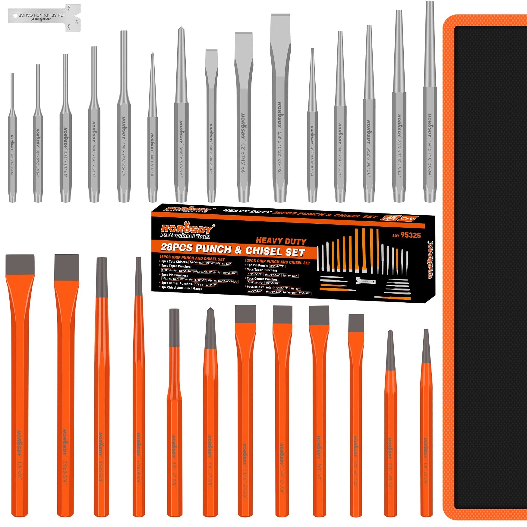 HORUSDY 16-Piece Punch and Chisel Set, Including Taper, Cold Chisels, Pin, Center