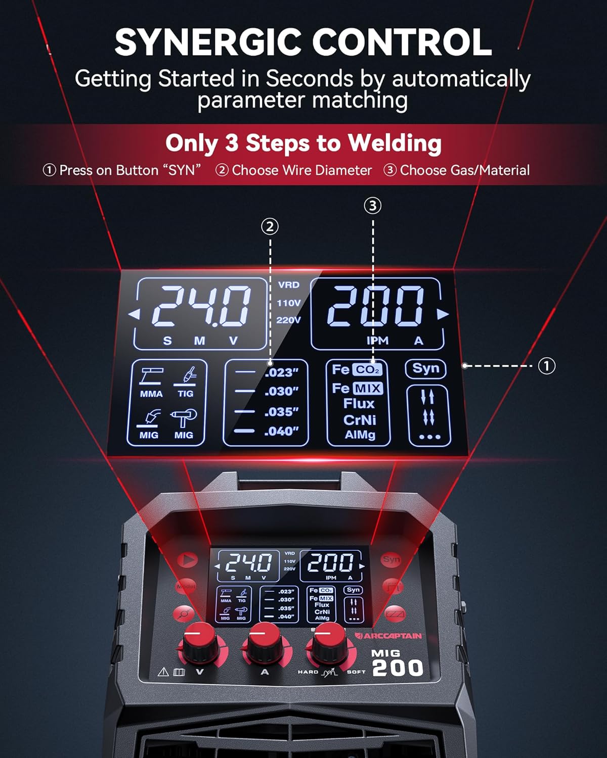 ARCCAPTAIN MIG Welder, 200Amp 6 in 1 Gas MIG/Gasless Flux Core MIG/Stick/Lift TIG/Spot welding/Spool Gun 110V/220V Aluminum Multi Process Welding Machine with LED Digital Display, Burn Back Adjustment